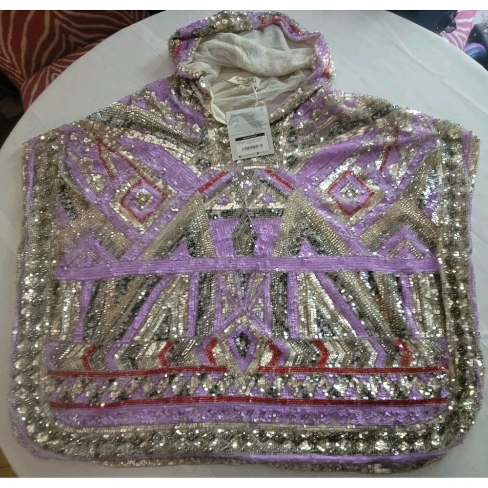 NWT Ramona La Rue by Arianne Hooded Sequin Poncho Lilac One Size Luxury - Picture 7 of 14